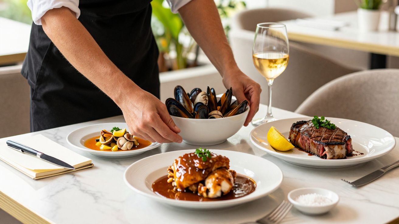 Garçom a servir pratos de marisco e carne, com copo de vinho branco em mesa de restaurante.