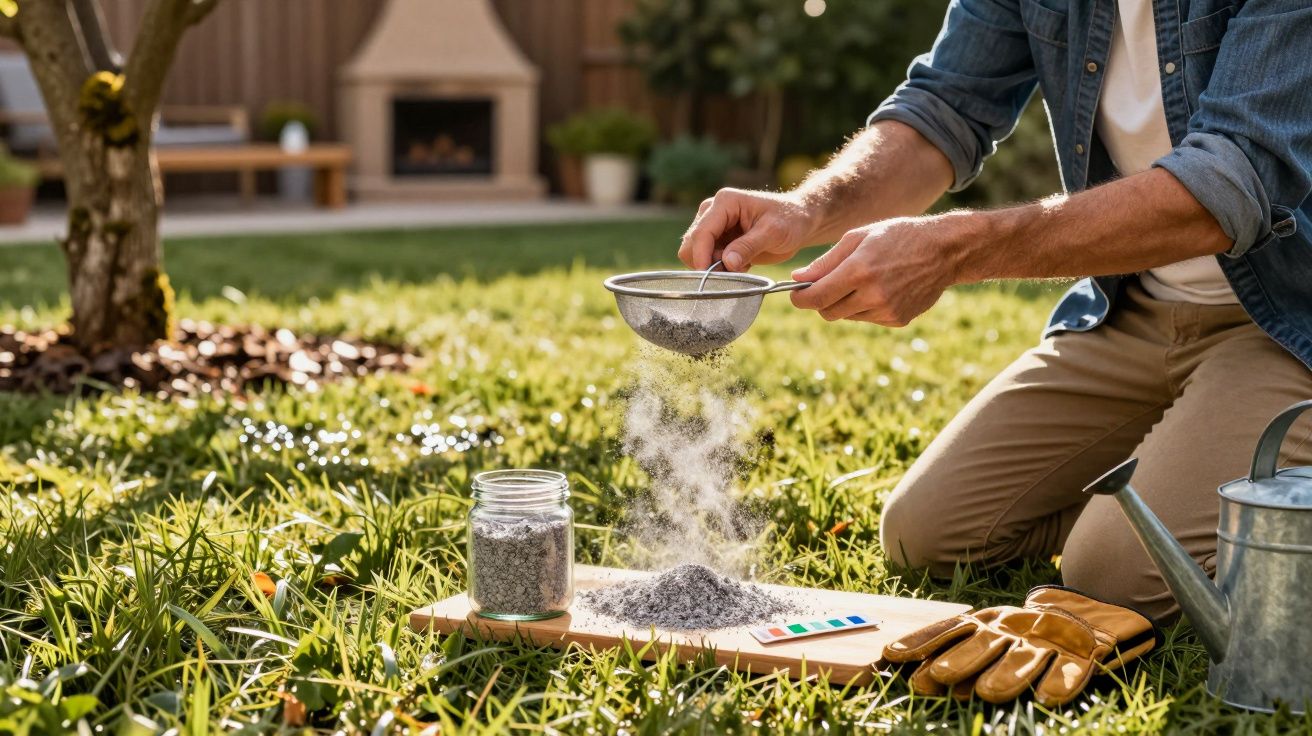 Pessoa a peneirar cinzas no jardim, com luvas, regador e frascos sobre a relva.