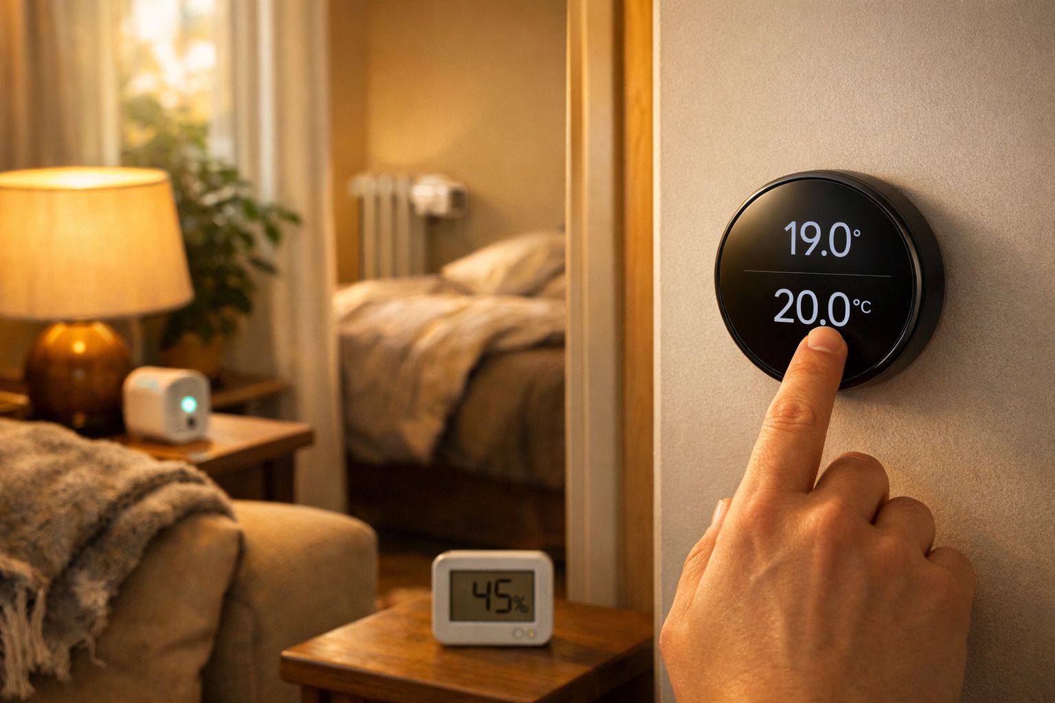 Mão ajusta termostato digital numa sala aconchegante com luz quente e cama ao fundo, mostrando 20°C e 45% de humidade.
