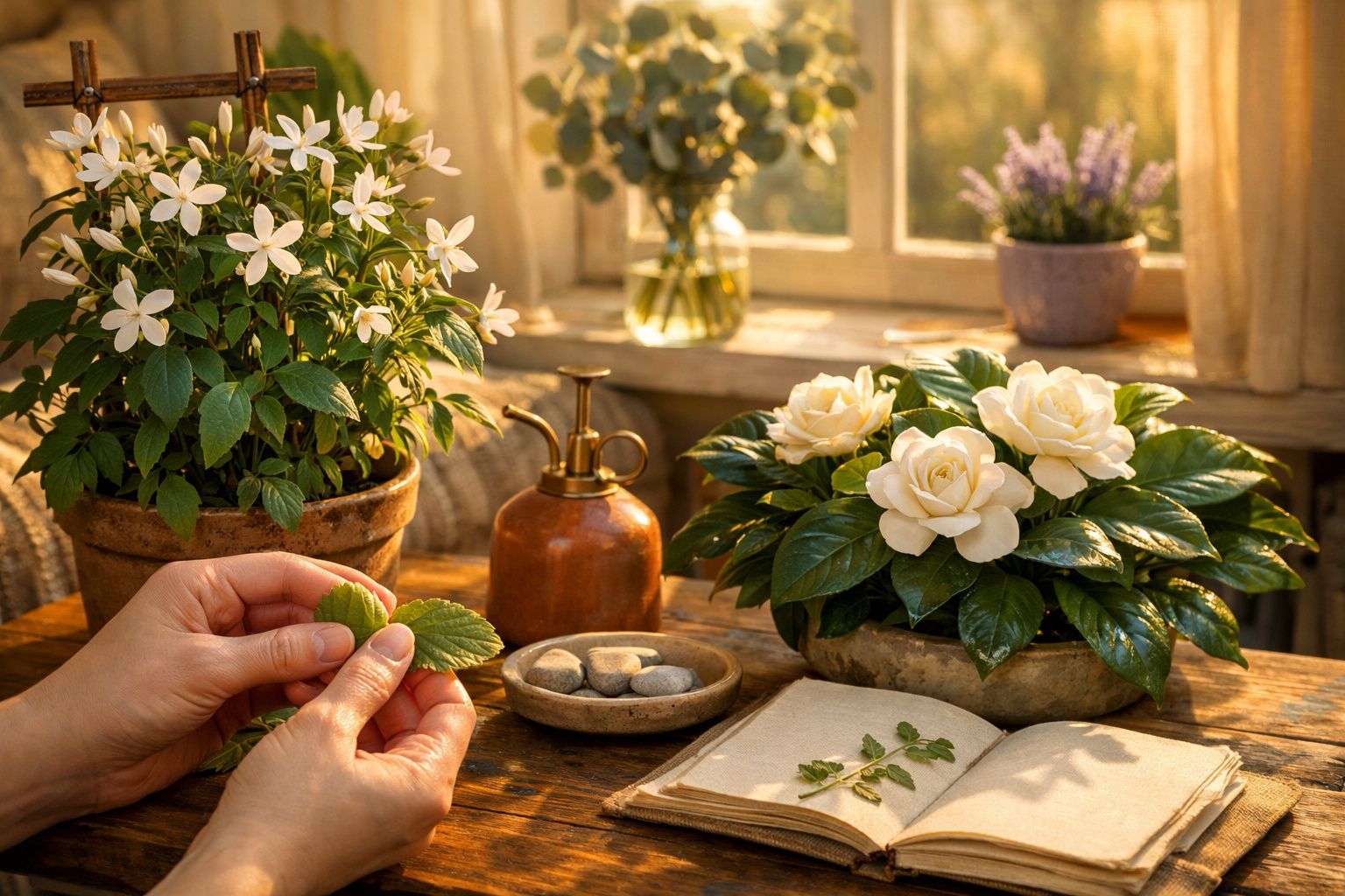 Pessoa manuseia folhas numa mesa com plantas, livro aberto e regador de cobre, em ambiente iluminado pelo sol.