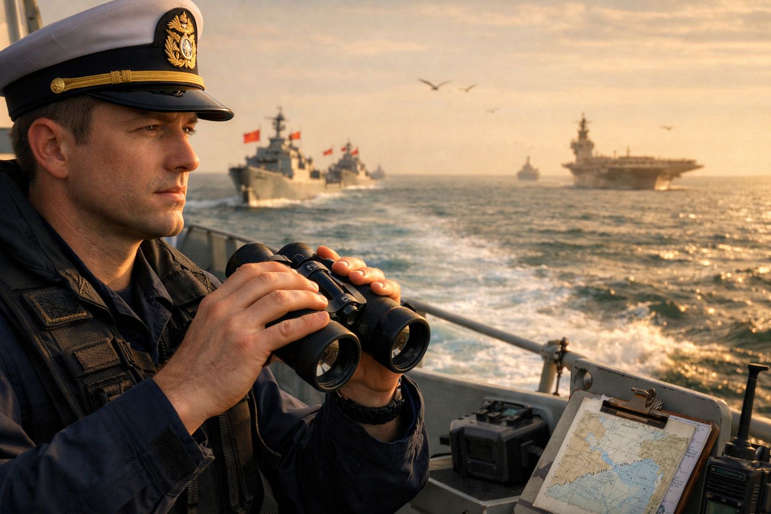 Pessoa observa navios de guerra no mar com binóculos. Mapa e rádio sobre mesa, gaivotas voam ao fundo.