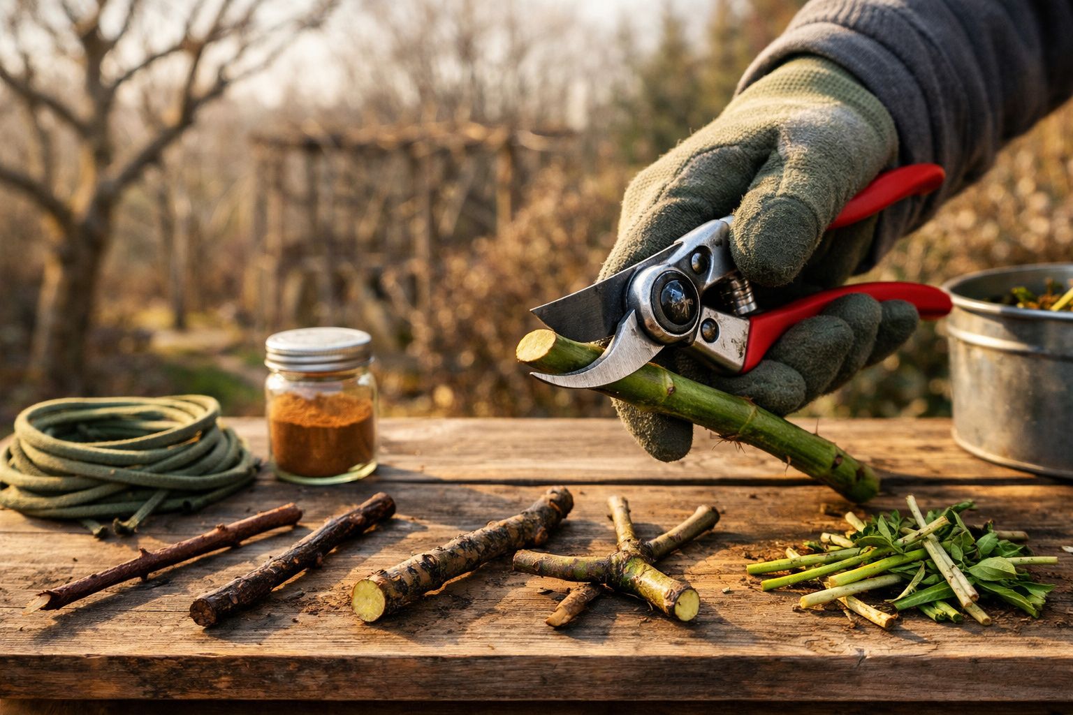 Mãos com luvas cortam galhos com tesoura de poda em mesa de madeira; fita verde e serra ao lado.