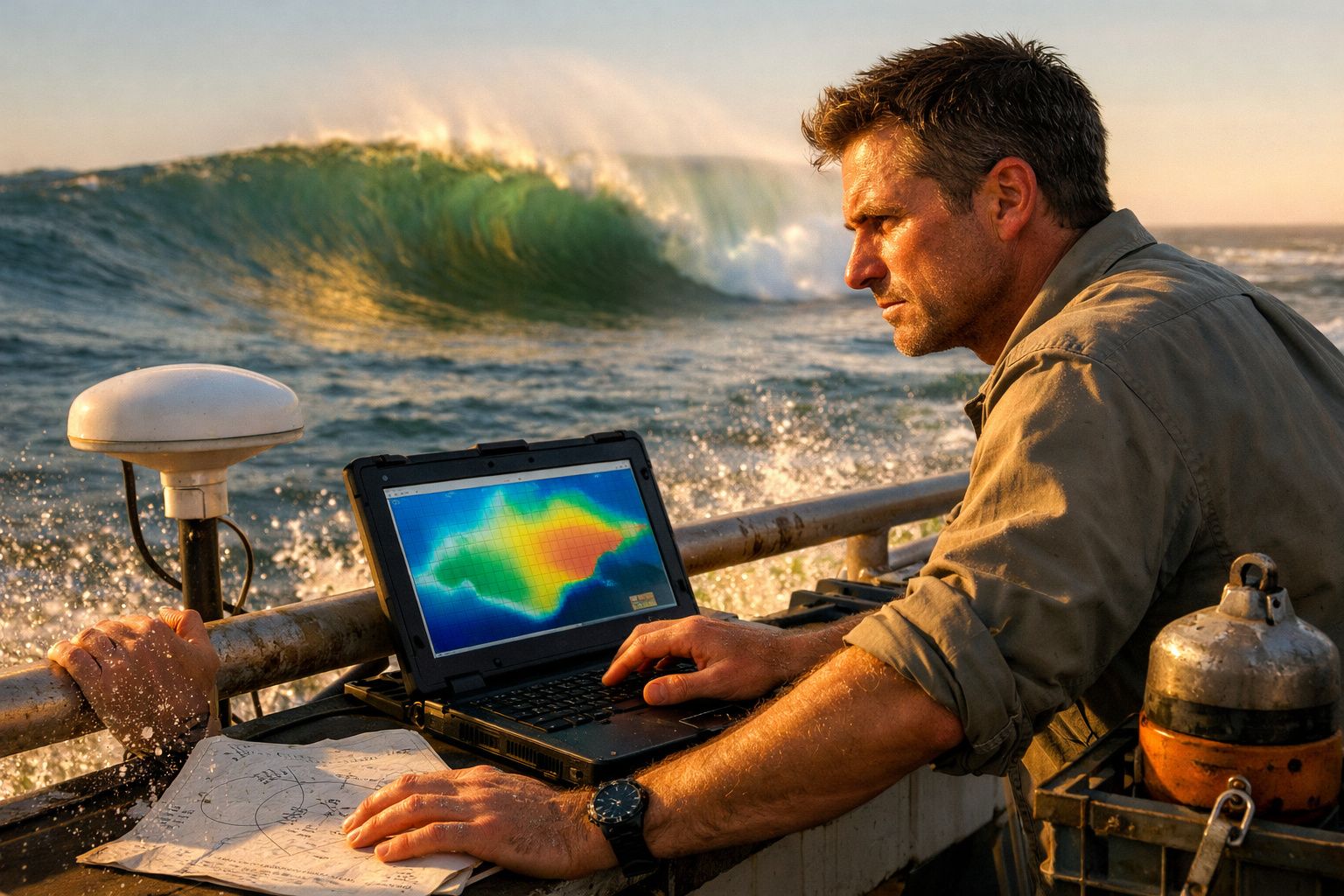 Pessoa analisa dados climáticos num portátil, frente ao oceano, com um copo de água e caderno ao lado.