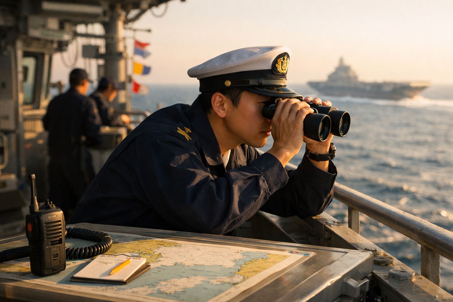 Militar usando binóculos no convés de um navio com porta-aviões ao fundo. Mapas e monitores à frente.