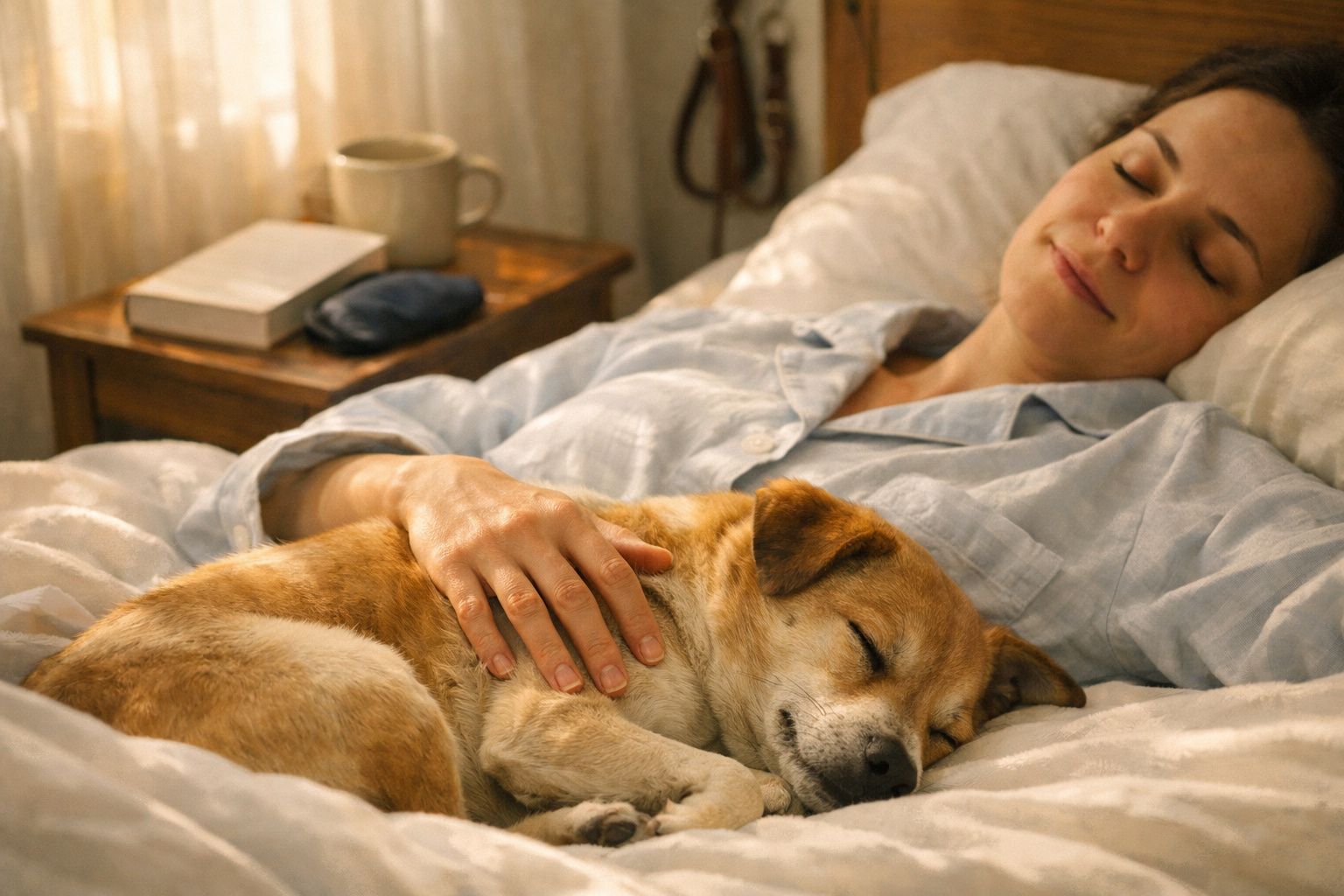 Mulher deitada na cama a dormir abraçada a um cão, junto a chávena de chá e coleira. Luz suave pela janela.
