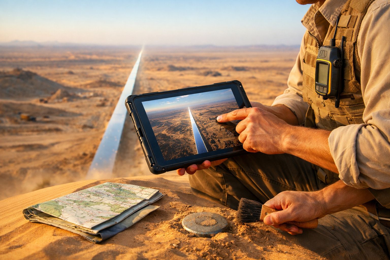Pessoa analisa foto aérea de deserto com lupa numa mesa, ao lado de um portátil e régua.
