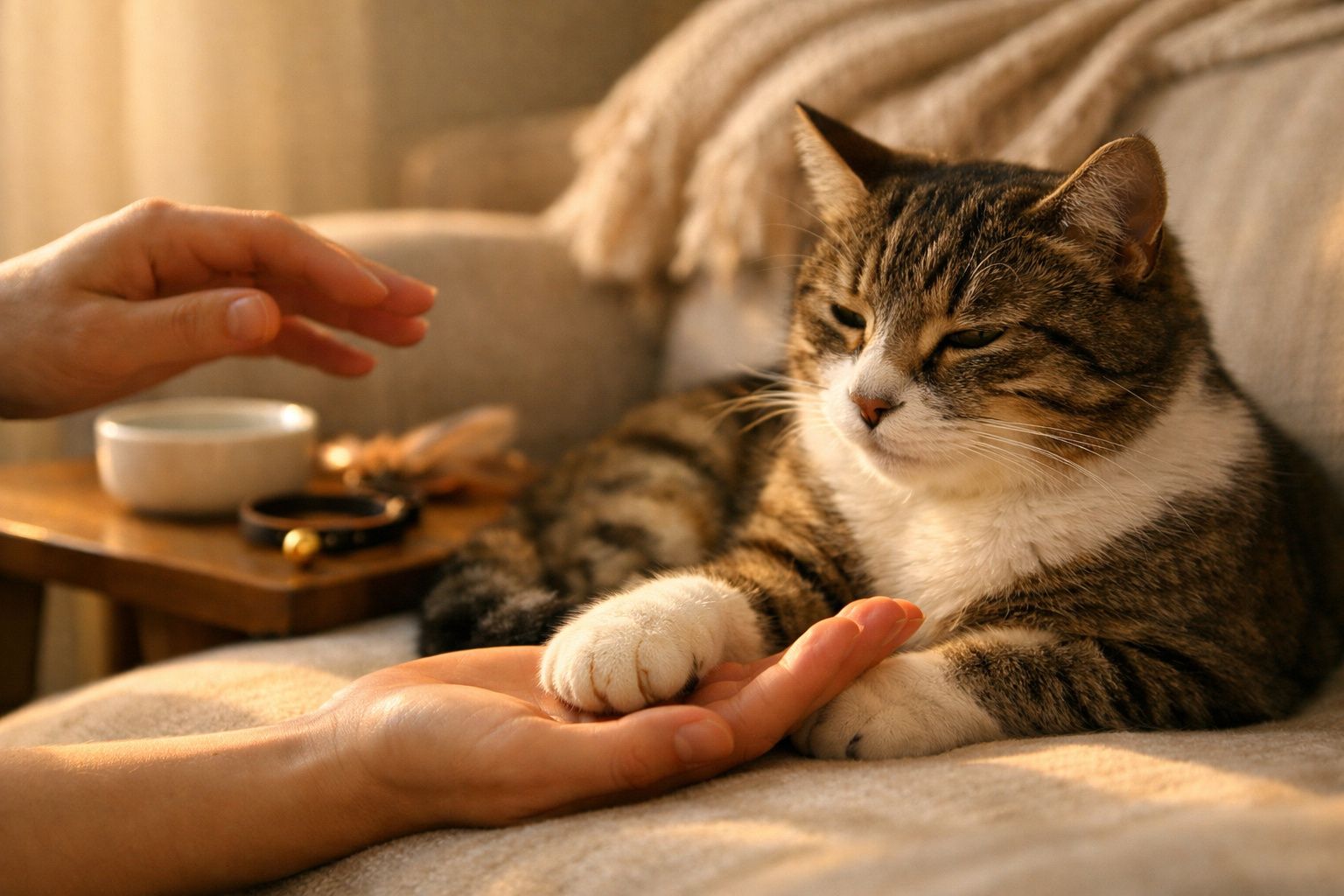 Gato deitado no sofá toca a mão de uma pessoa em gesto carinhoso.