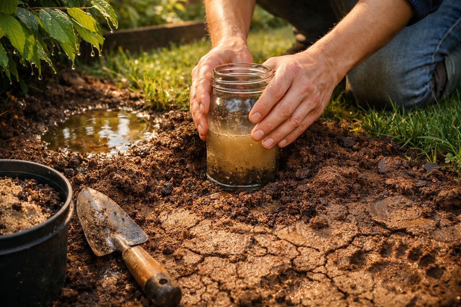 Mãos seguram frasco de vidro com água, num jardim, rodeado por plantas e ferramentas de jardinagem no solo.