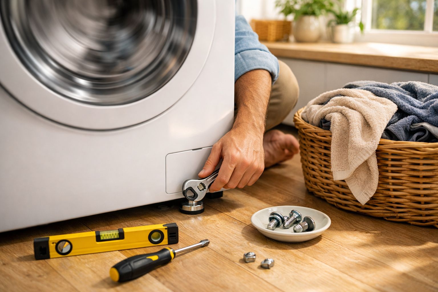 Pessoa ajusta máquina de lavar, usando nível de bolha, com ferramentas e toalhas ao lado.
