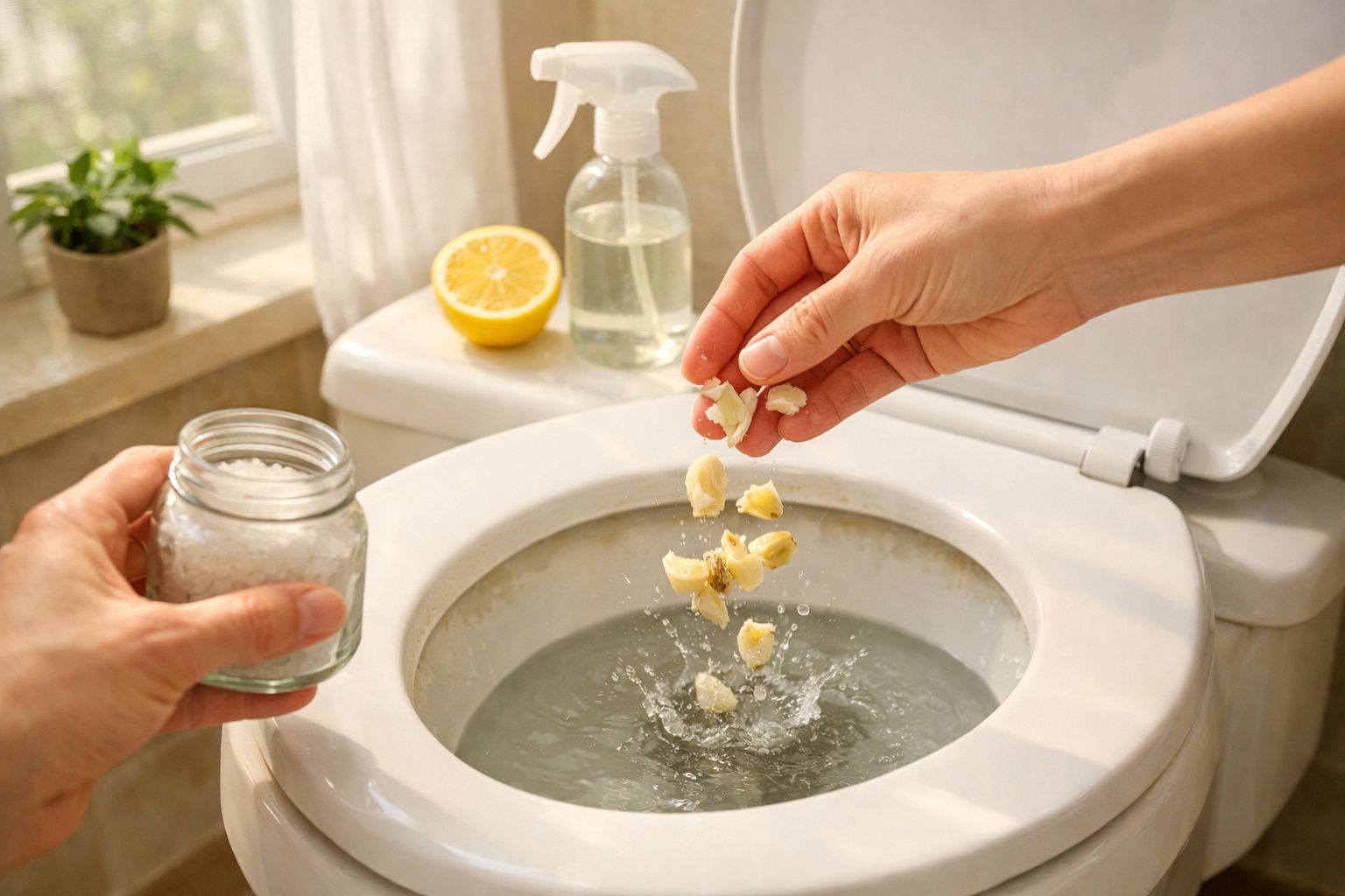 Mão deita pedaços de produto na sanita; frasco de sal e limão ao lado.