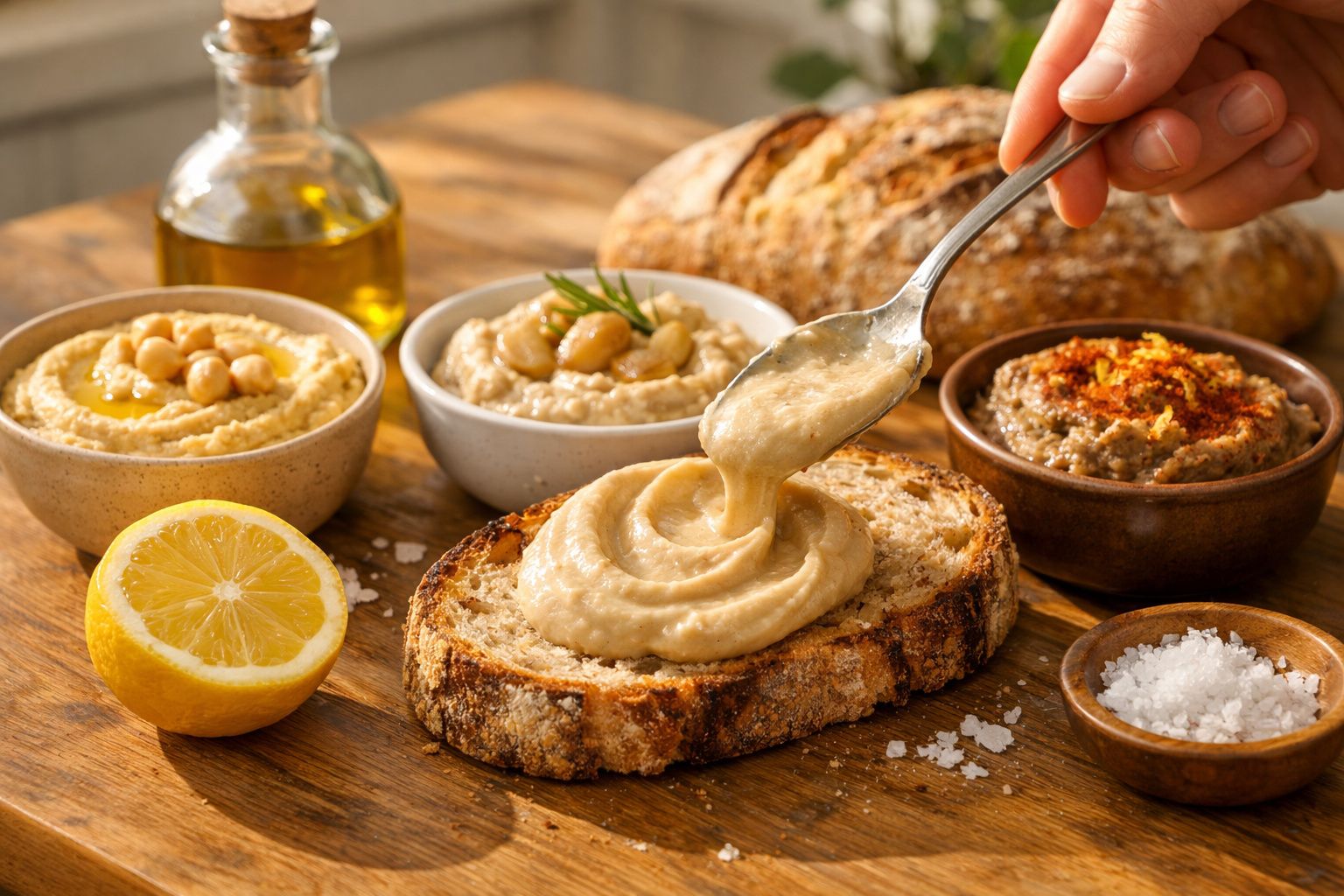 Pessoa a barrar uma pasta castanha num pedaço de pão, rodeada de tigelas com hummus, especiarias e limão.