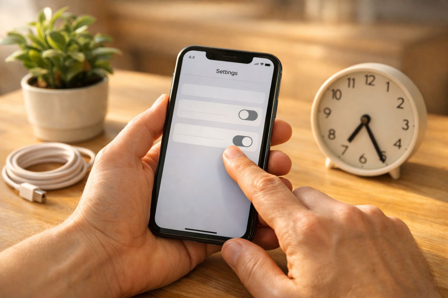 Pessoa ajusta configurações num smartphone; ao fundo, planta, relógio analógico e cabo USB sobre mesa de madeira.