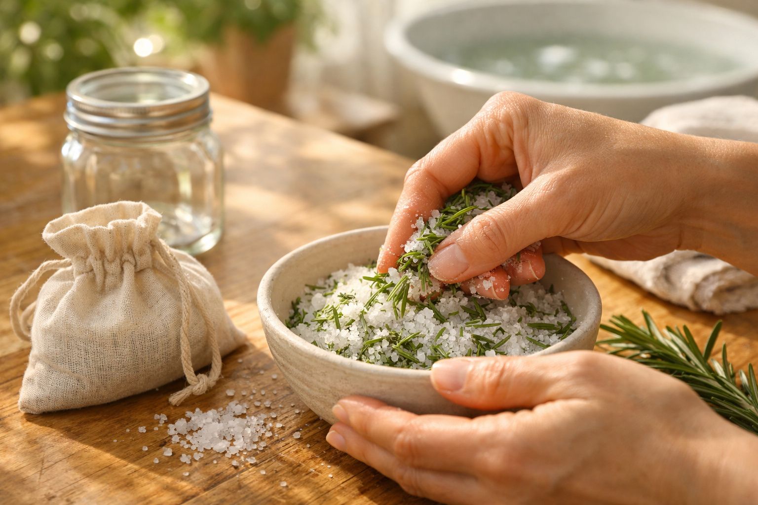 Mãos adicionando sal grosso e alecrim num frasco de vidro sobre mesa de madeira.