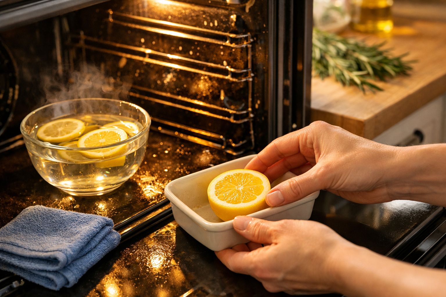 Luvas seguram uma tigela com meio limão a fumegar dentro de um forno. Um pano e spray visíveis ao fundo.