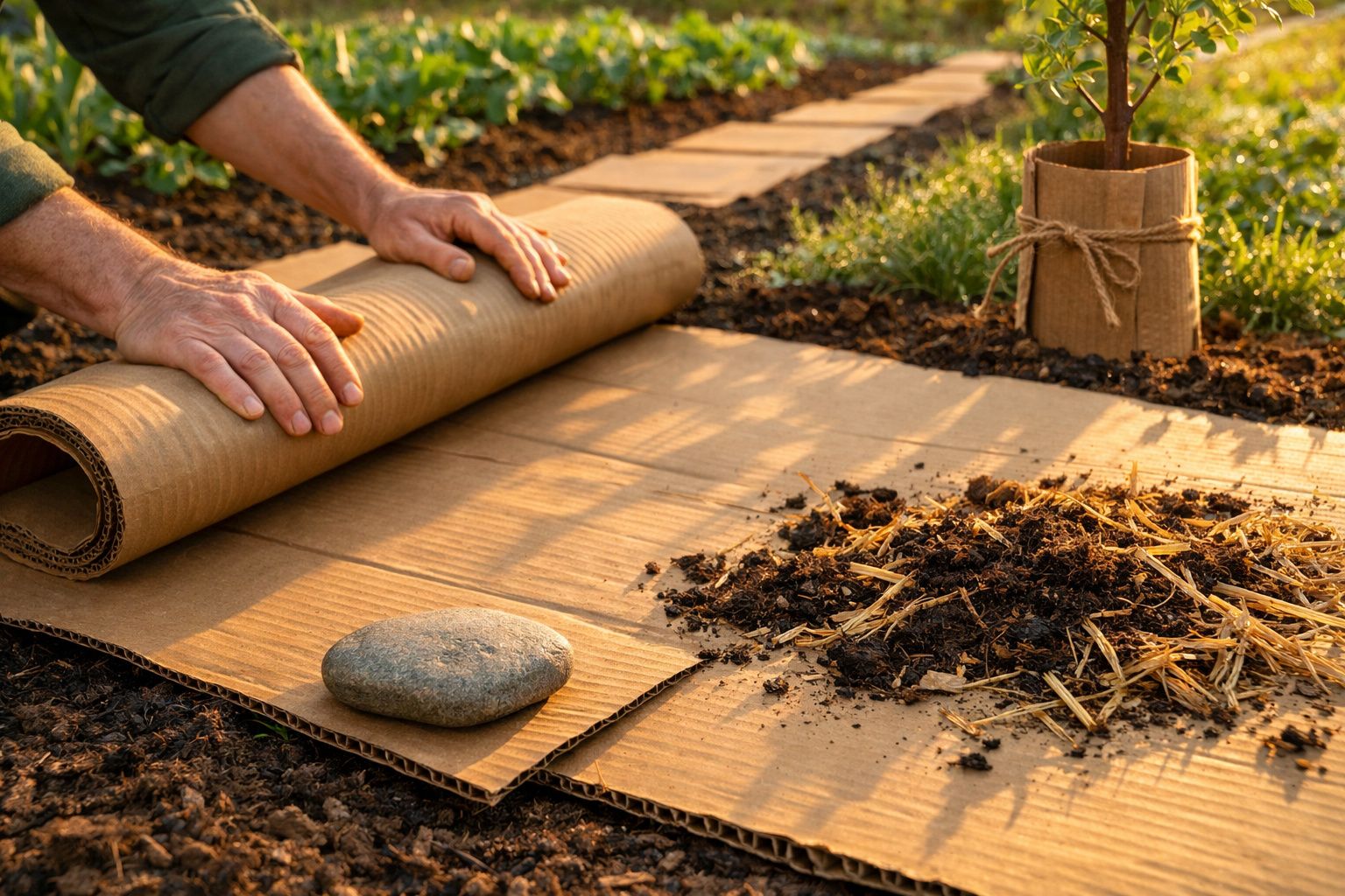 Pessoa a colocar cartão num canteiro com palha e plantas. Regador e planta em vaso ao lado.