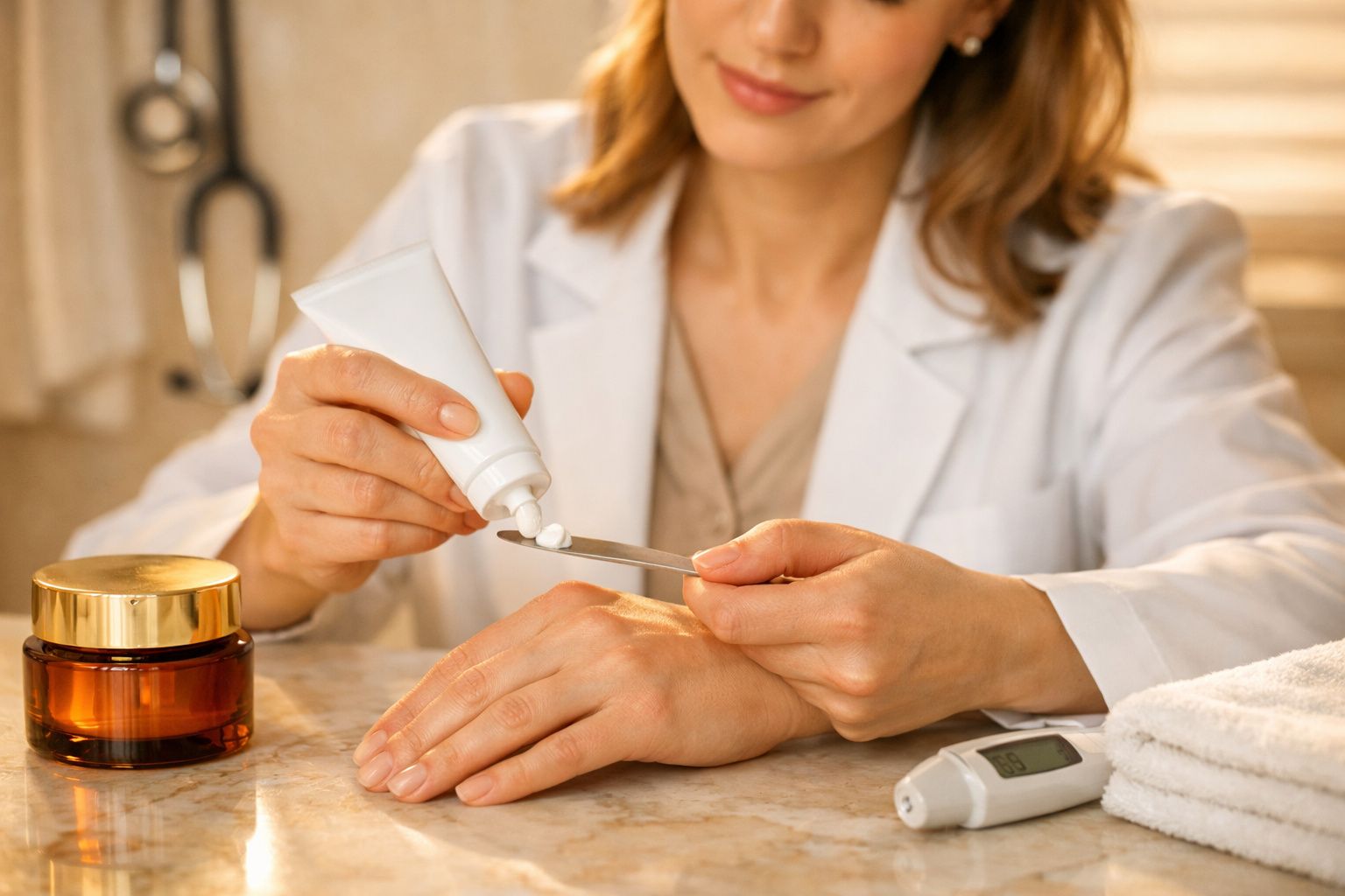 Mulher de bata branca aplica creme em espátula, com frasco âmbar e termómetro na mesa.