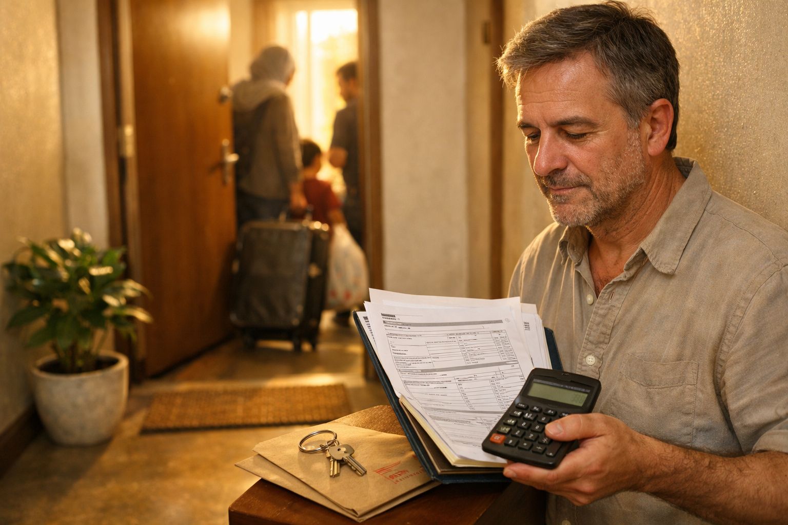 Homem sentado verifica documentos e usa calculadora; ao fundo, pessoas saem pela porta com mala.