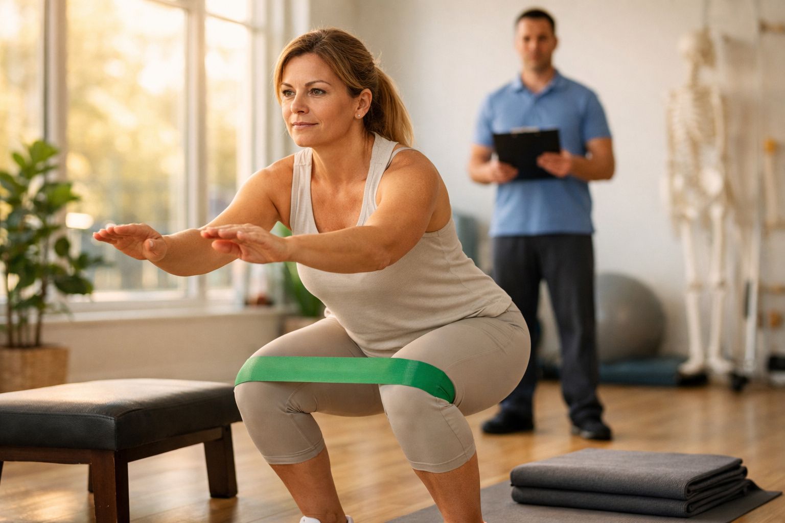 Mulher faz exercício de agachamento com faixa elástica, enquanto um instrutor observa, numa sala iluminada pelo sol.