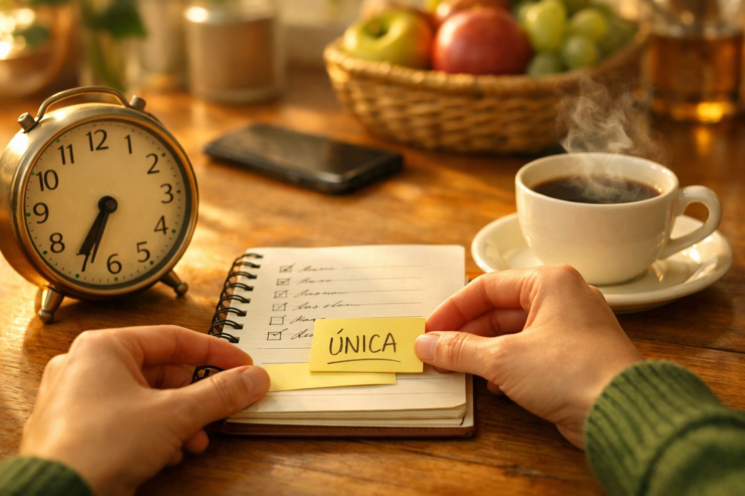 Bloco de notas com lista de tarefas ao lado de um relógio antigo e uma chávena de café quente em cima de uma mesa de madeira.