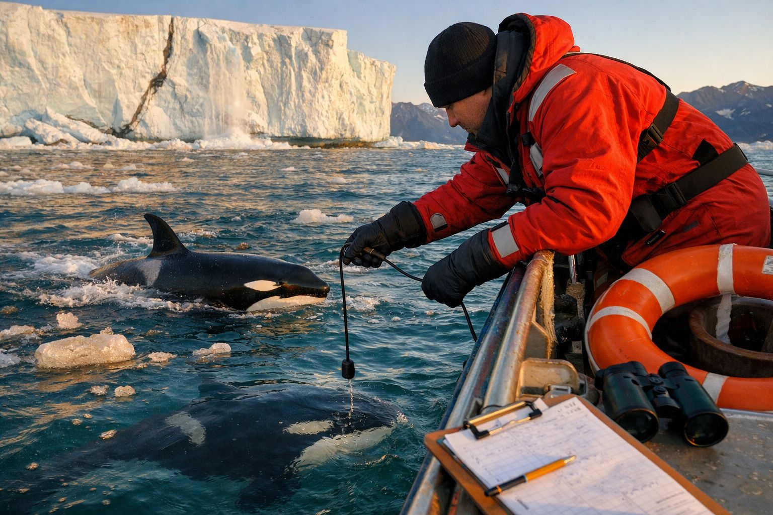 Investigador de casaco vermelho aponta para orcas entre gelo; equipamento científico no chão; barco ao fundo.