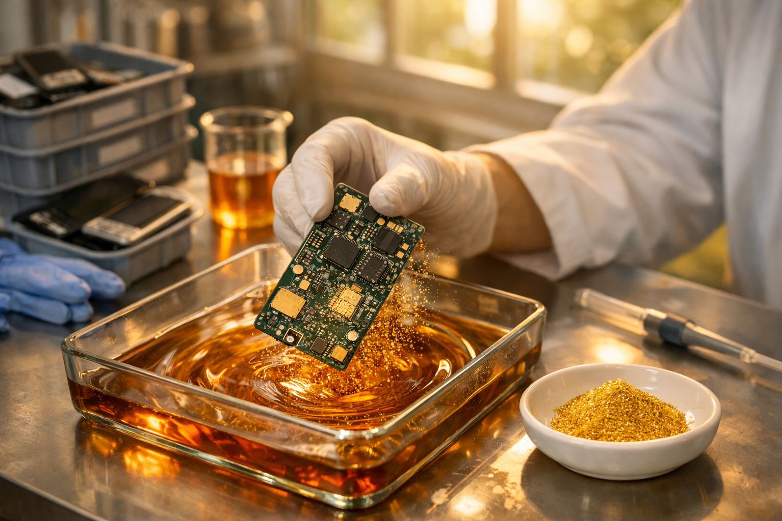 Técnico retira circuito imprimido de solução líquida numa bancada, com partículas douradas ao lado, simbolizando reciclagem.