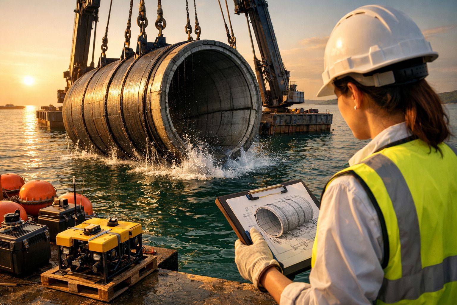 Engenheira observa instalação de grande tubo no mar ao pôr do sol, com planilha de projeto na mão.