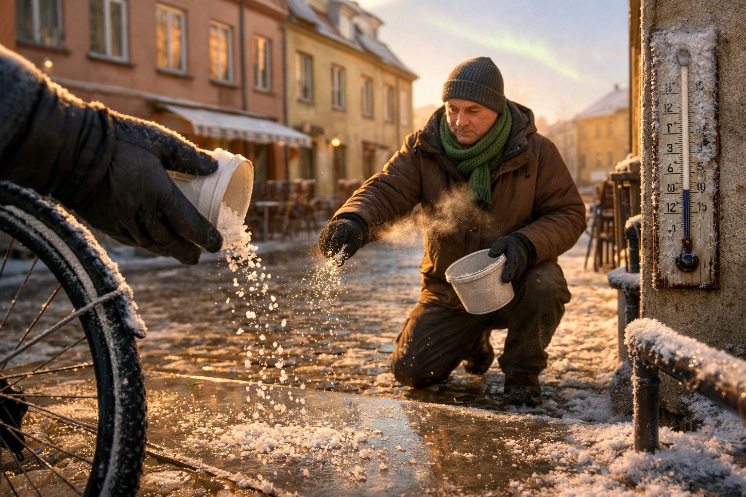Pessoa a espalhar sal numa rua gelada ao entardecer, usando balde, ao lado de um termómetro marcando temperatura baixa.