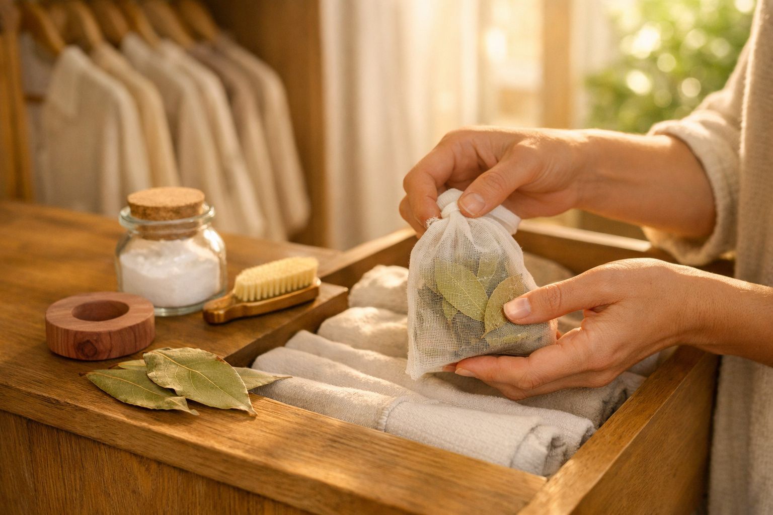 Mãos colocam saco de ervas aromáticas numa gaveta de madeira com roupas dobradas; frasco e prato com folhas ao lado.