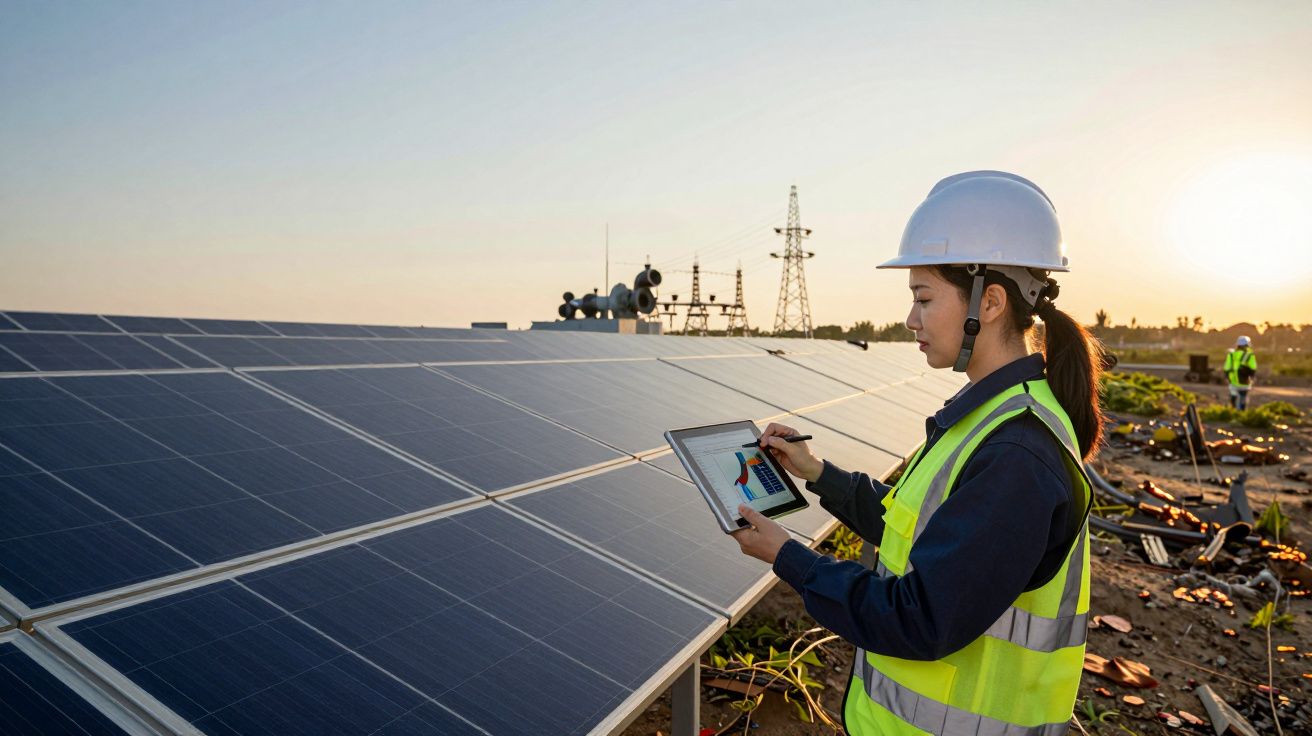 Mulher com capacete e colete, usa tablet junto a painéis solares, ao pôr do sol.