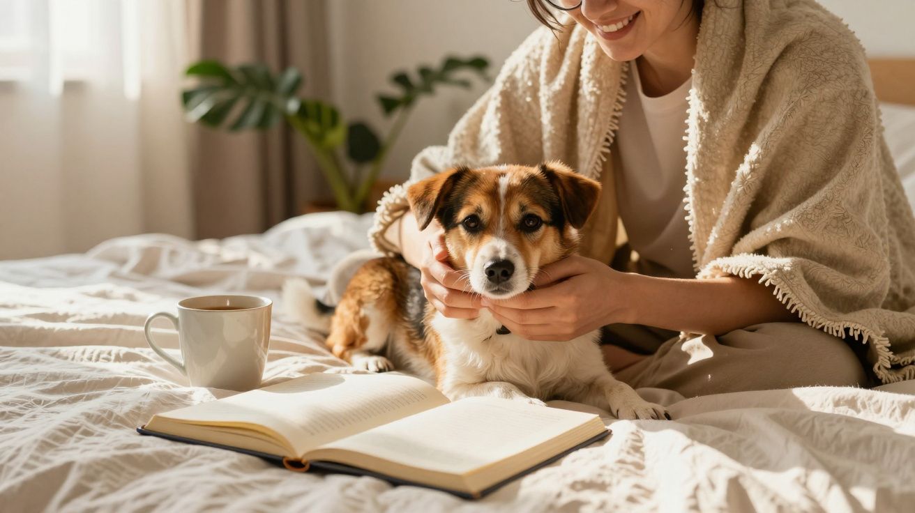 Mulher acarinando um cão numa cama com um livro aberto e uma chávena ao lado.