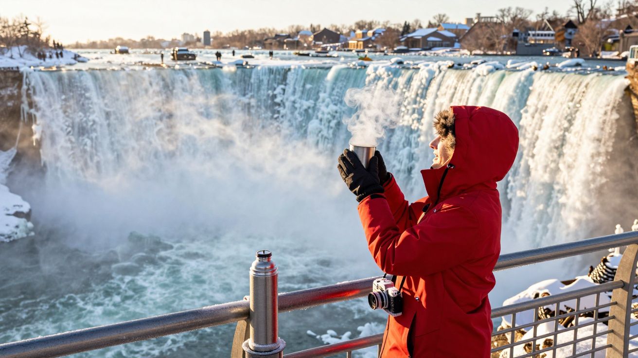 Pessoa com casaco vermelho aprecia chá quente diante das Cataratas do Niágara no inverno.
