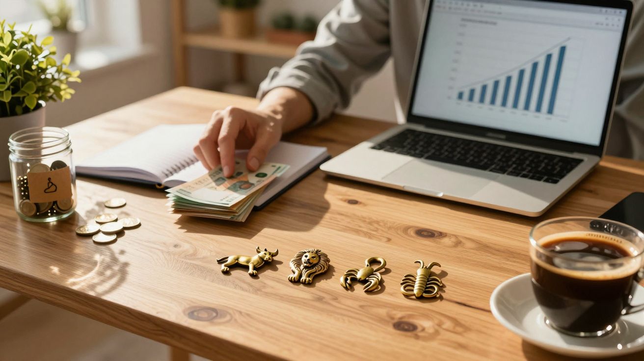 Mesa com portátil, gráfico de barras, notas, moedas e café. Mão feminina manuseia dinheiro. Decorações de animais na mesa.