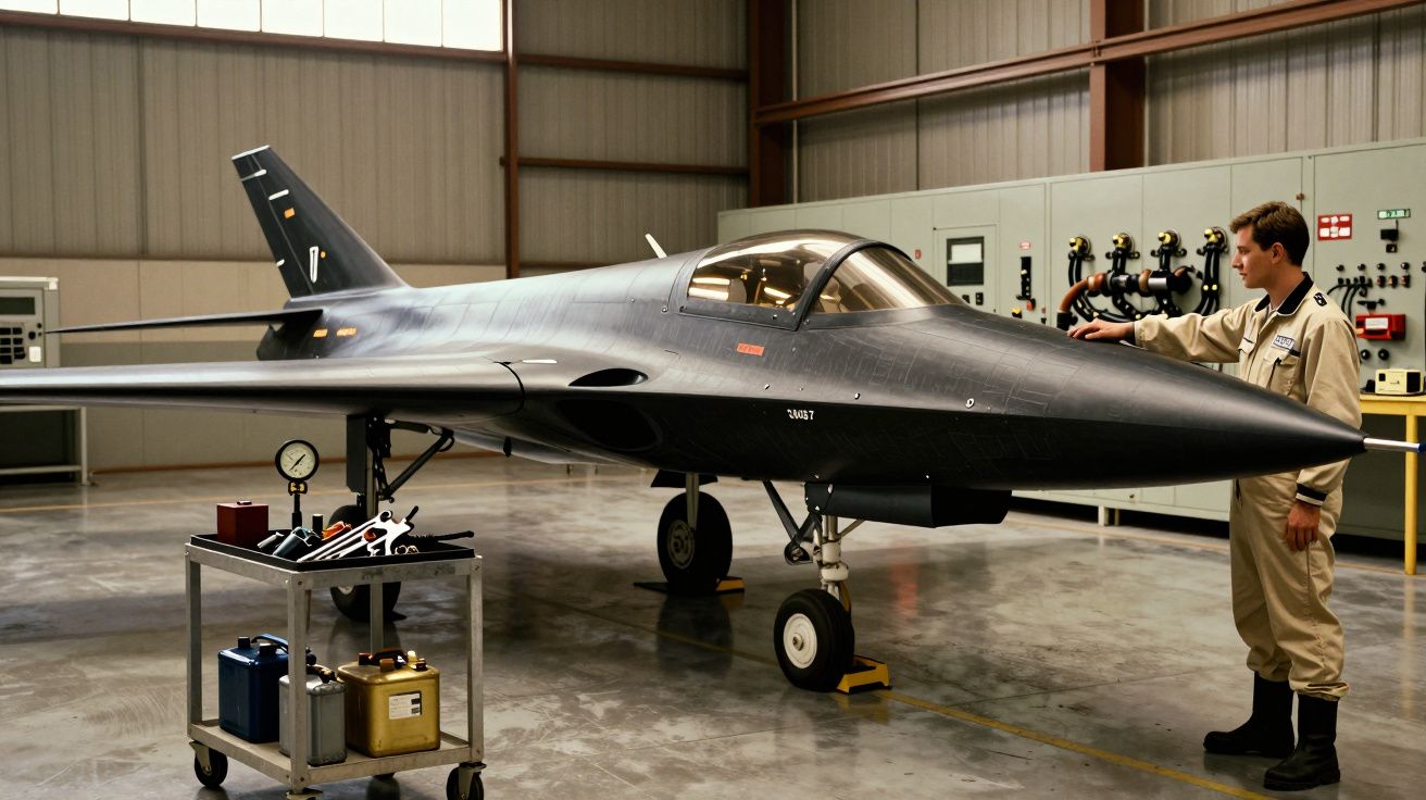 Homem em fato de voo ao lado de um pequeno avião preto num hangar com equipamento técnico e paredes de metal.