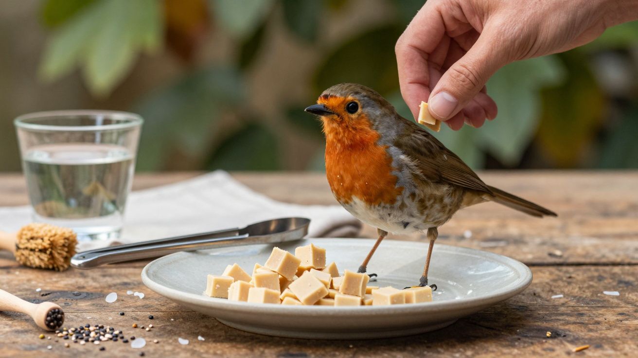 Pisco-de-peito-ruivo em prato com pedaços de comida, mão adicionando mais. Copo de água ao fundo sobre mesa de madeira.