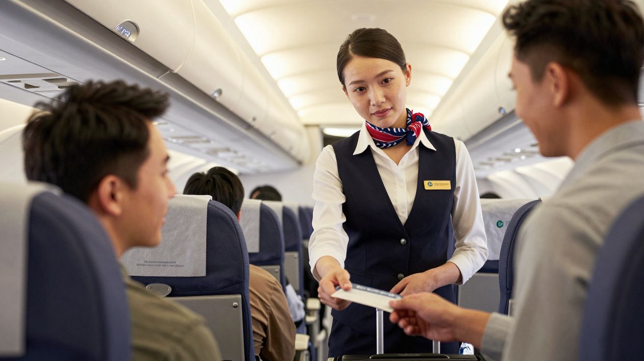 Assistente de bordo entrega documento a passageiro num avião durante o voo. Outro passageiro está sentado ao lado.