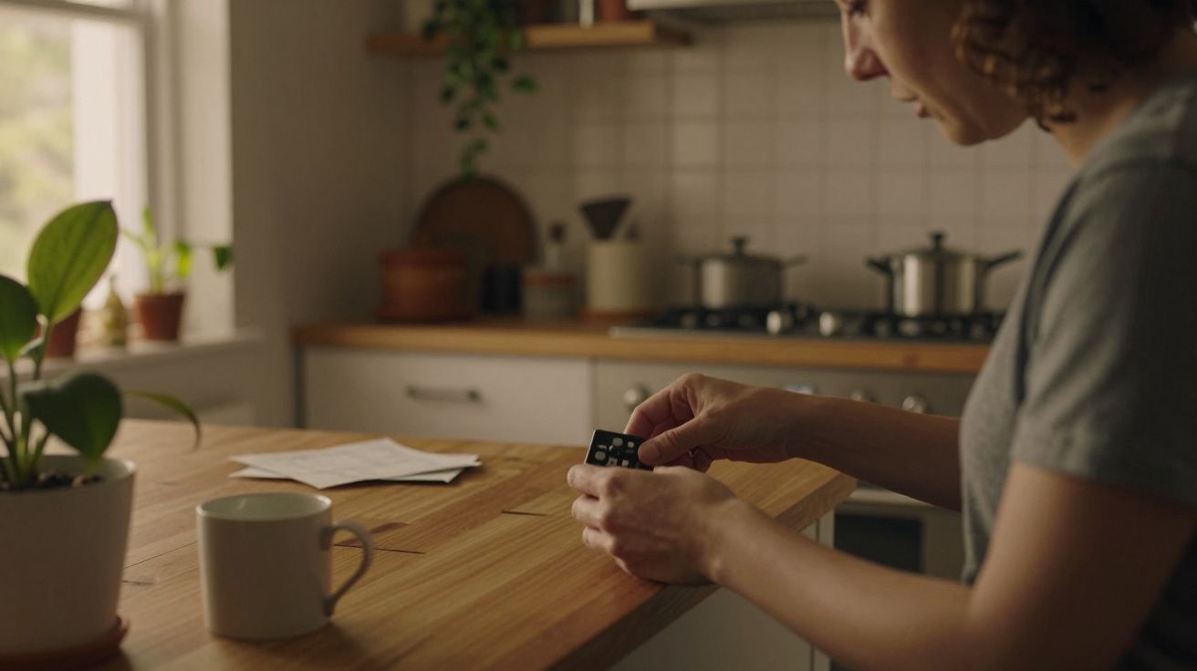 Mulher sentada à mesa da cozinha segurando um aparelho eletrônico; há uma caneca e plantas ao redor.