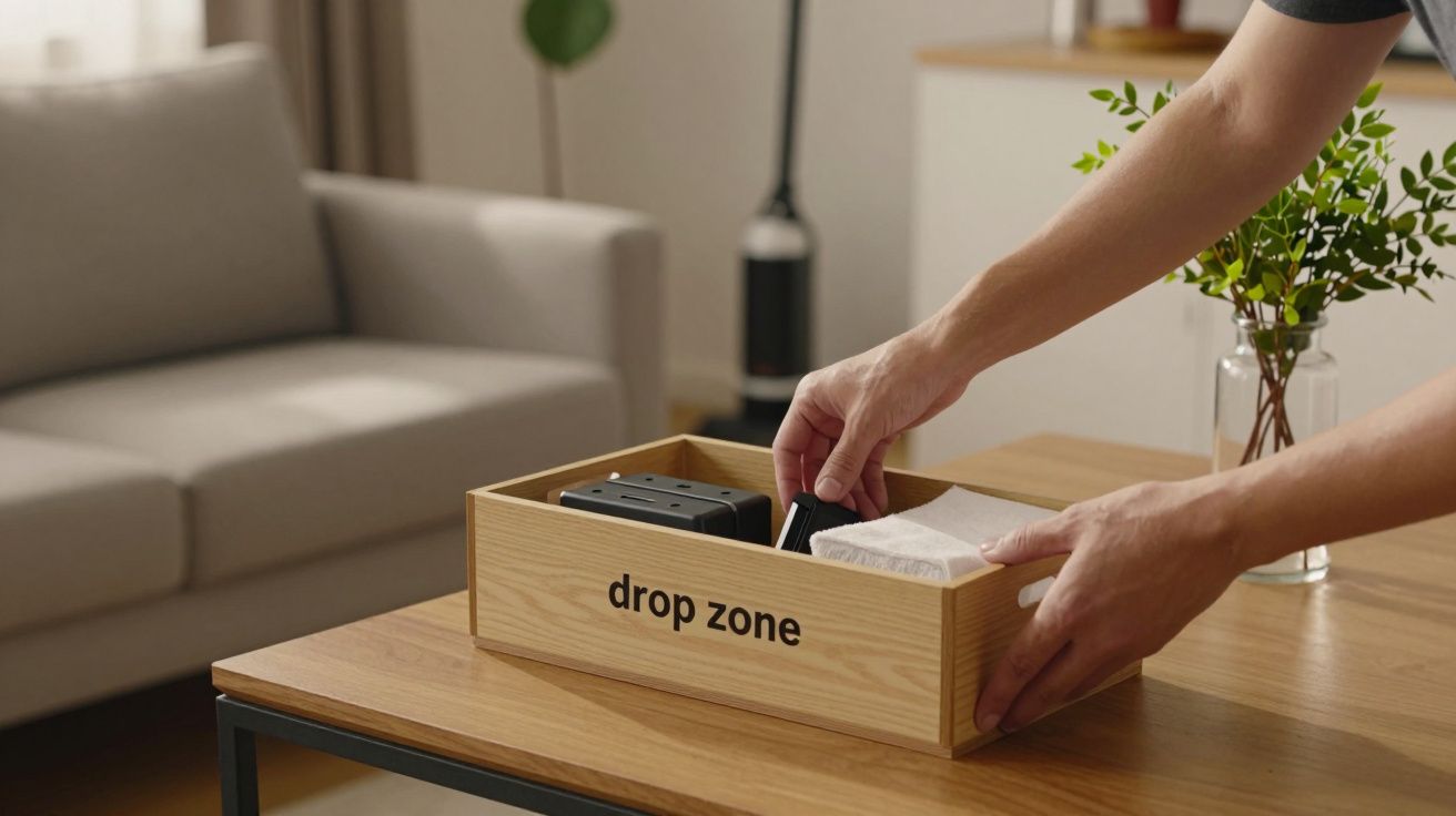 Mãos organizam objetos numa caixa de madeira rotulada "drop zone" em cima de uma mesa, com sofá e plantas ao fundo.