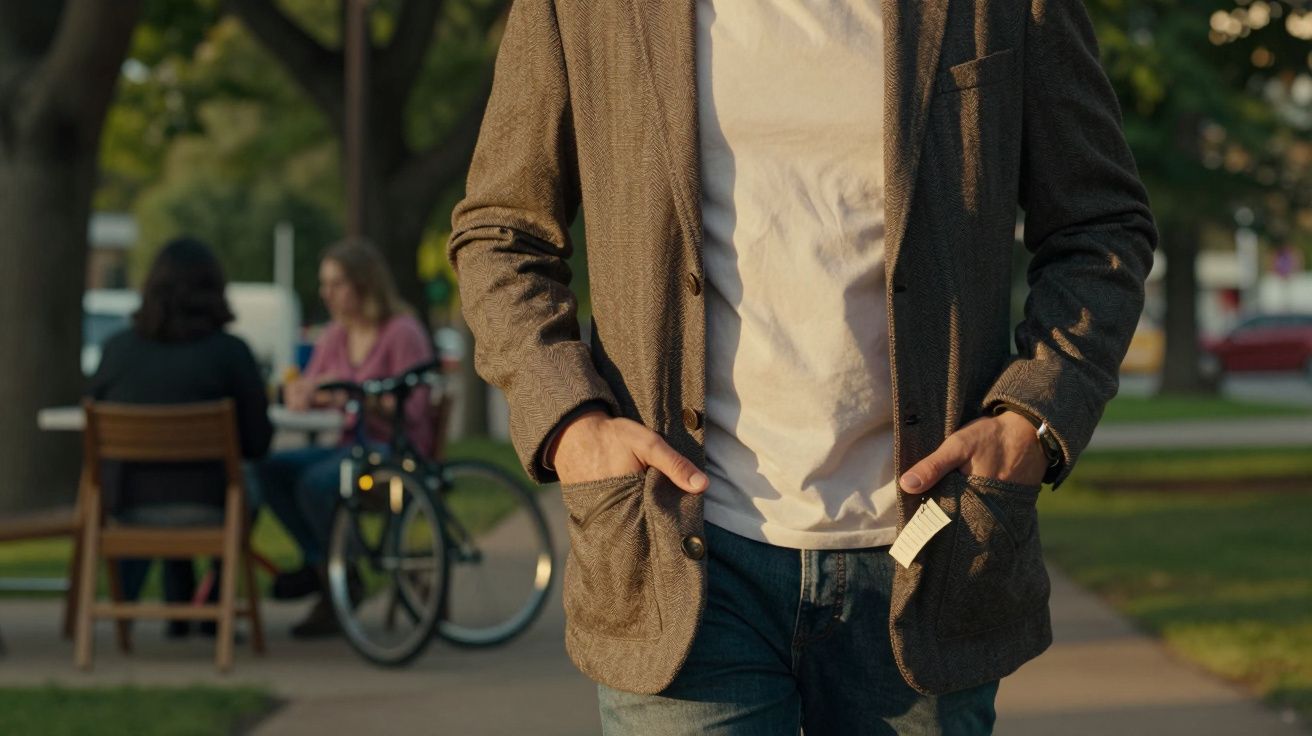 Homem com casaco castanho e mãos nos bolsos caminha num parque; ao fundo, duas pessoas conversam junto a uma bicicleta.
