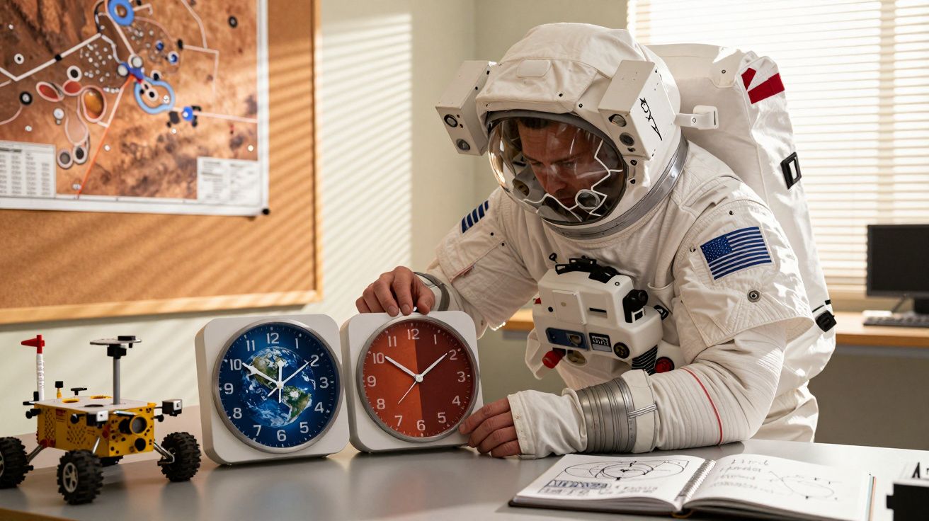 Astronauta em traje espacial compara dois relógios sobre uma mesa, com um robô em miniatura e um mapa na parede.