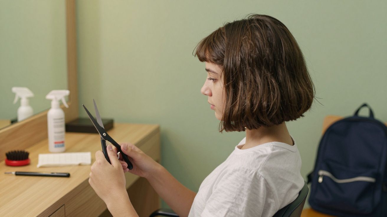 Jovem de cabelo castanho segura tesoura, sentada junto a uma mesa com escova e frascos, mochila ao fundo.