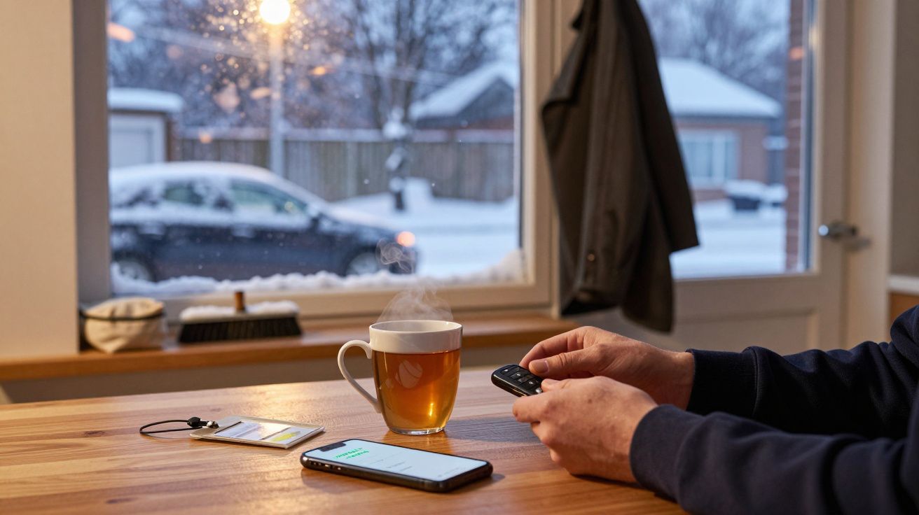 Pessoa segura comando remoto à mesa com chá quente e telemóvel; janela mostra cenário de neve e carro estacionado.
