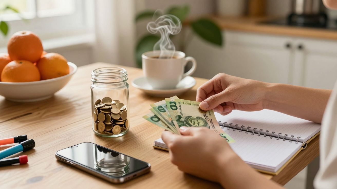 Pessoa conta notas de dólar à mesa com telemóvel, caderno, frasco de moedas, chávena de café e tigela de laranjas.