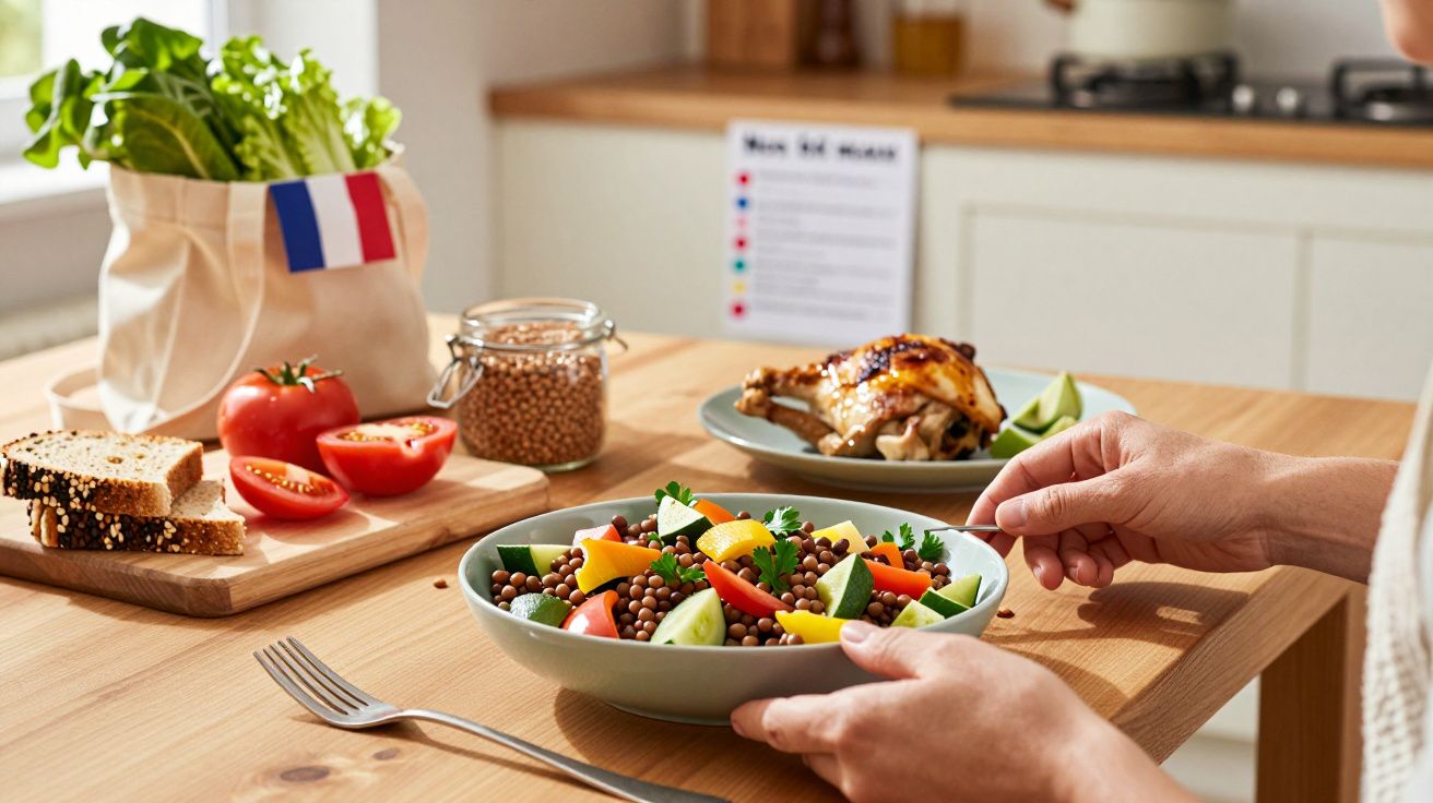 Pessoa a segurar salada colorida com lentilhas, vegetais frescos e pão numa mesa de madeira numa cozinha iluminada.