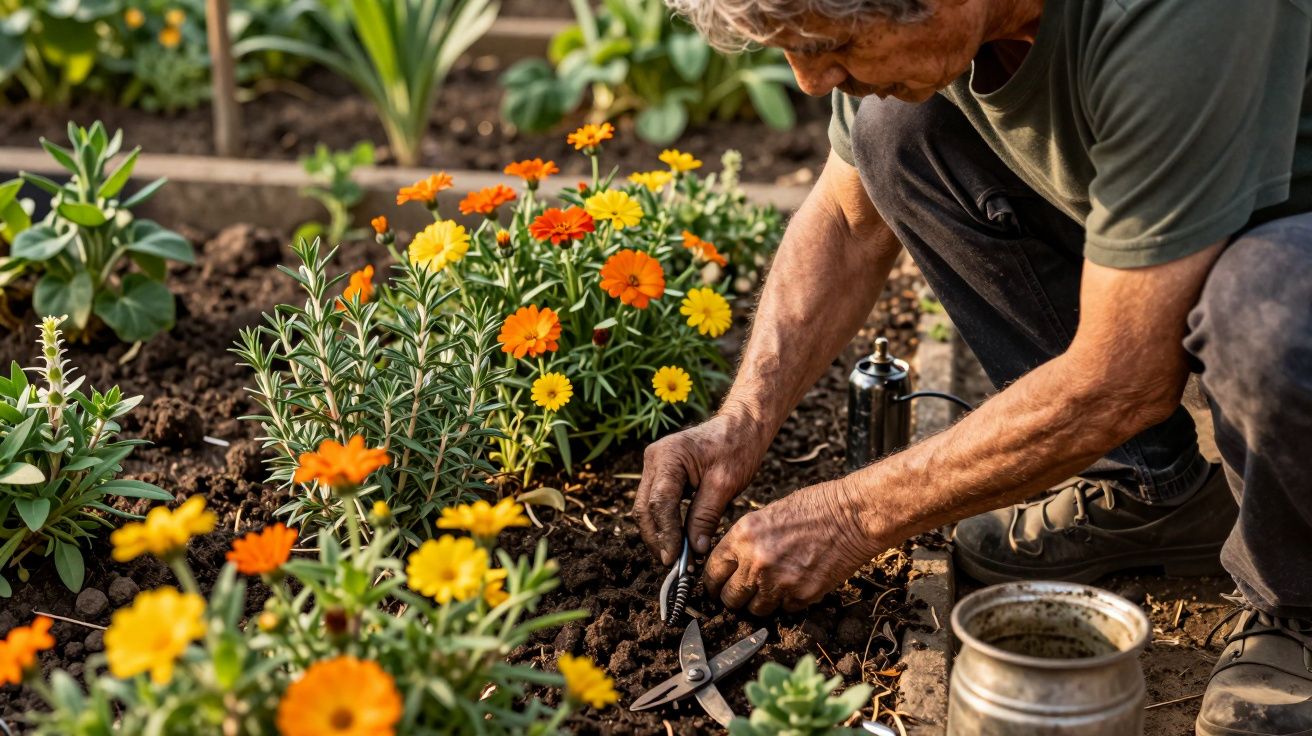 Pessoa cuidando de um canteiro com flores laranjas e amarelas, segurando uma ferramenta de jardinagem.
