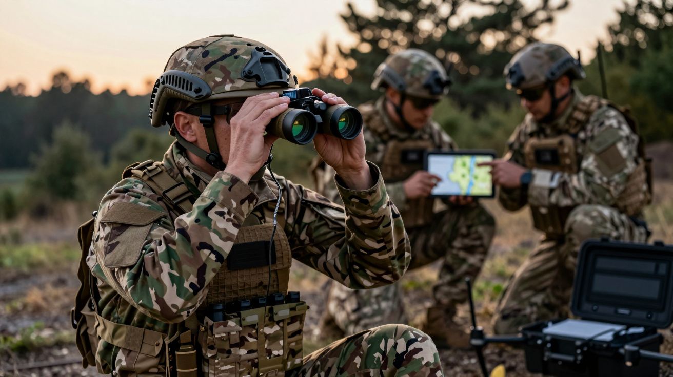Soldados em roupas camufladas observam com binóculos, enquanto outros analisam um mapa num tablet em campo aberto.
