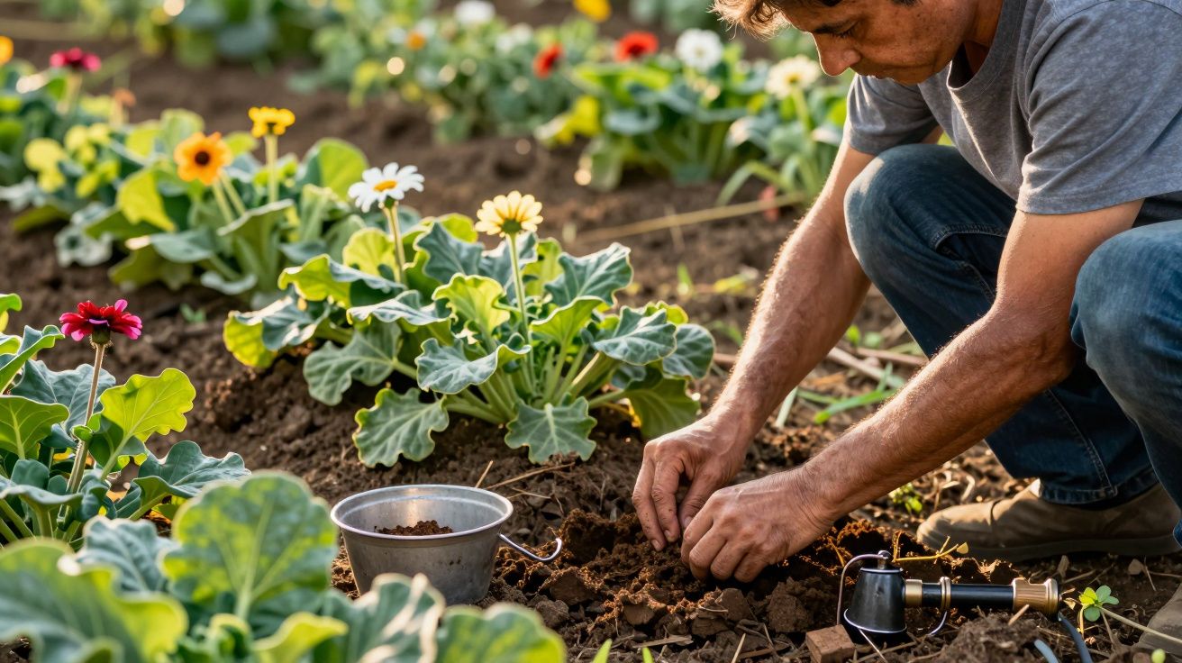 Homem a plantar sementes em horta colorida, rodeado de flores e plantas, com um regador e balde ao lado.