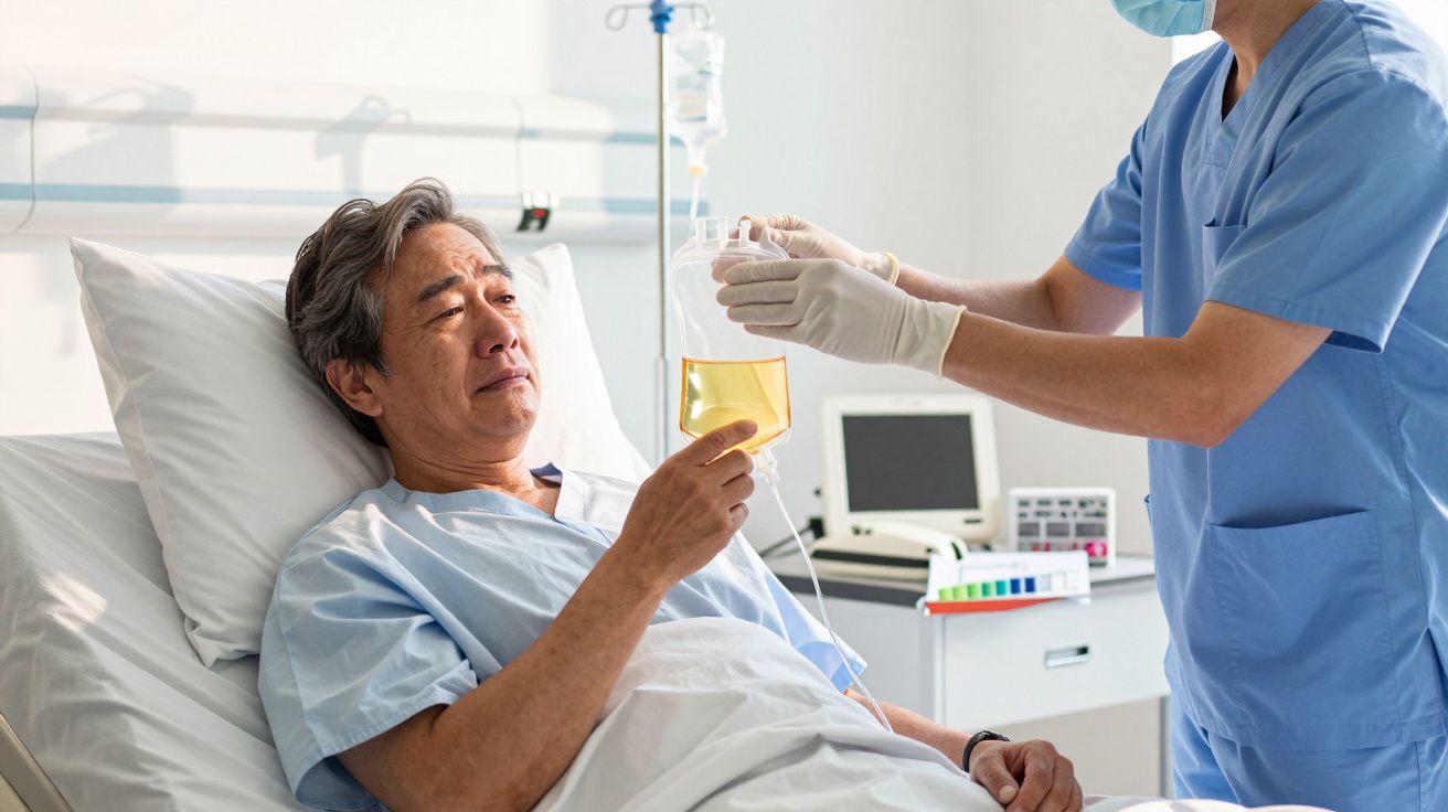 Homem deitado numa cama de hospital segurando bolsa de soro, enquanto enfermeiro ajusta equipamento médico ao lado.