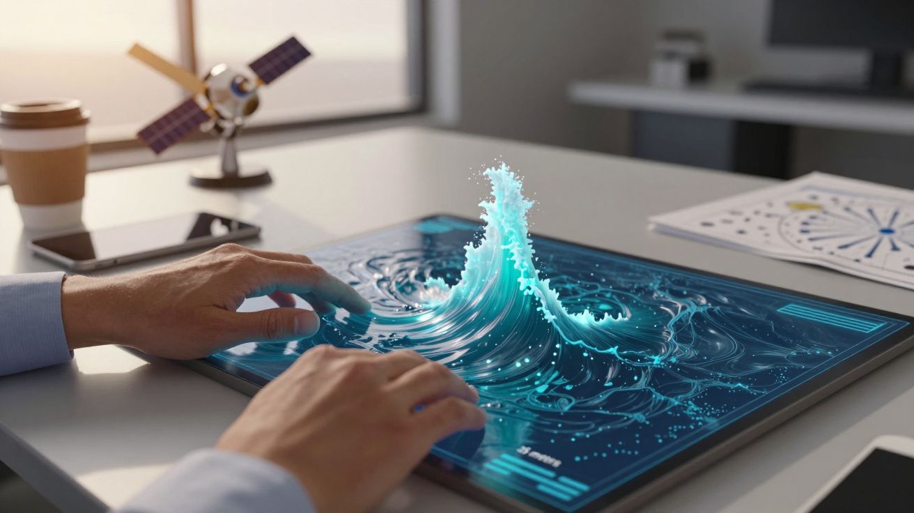 Mãos interagem com ecrã tátil. Holograma de onda de água em destaque. Escritório ao fundo com maqueta de satélite.