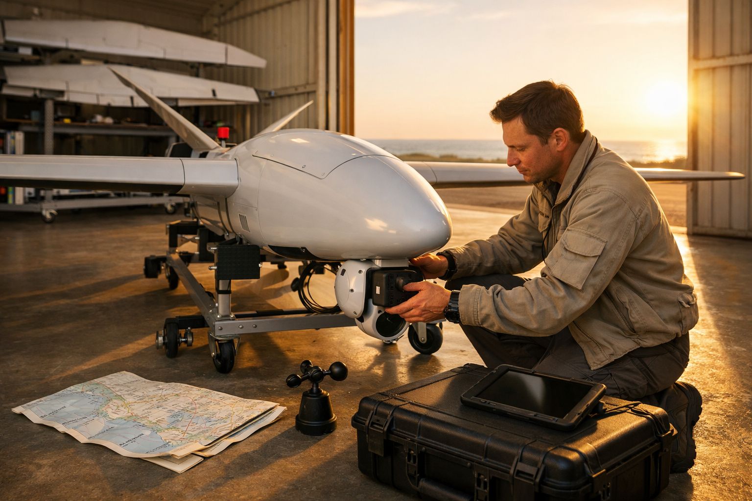 Drone grande em hangar com tablet, auscultadores e documentos; pessoa ajusta parte dianteira.