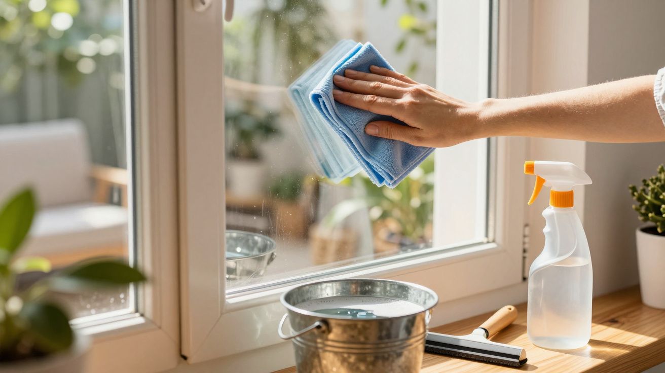 Pessoa a limpar janela com pano azul, balde e spray em cima de mesa de madeira, num ambiente iluminado.